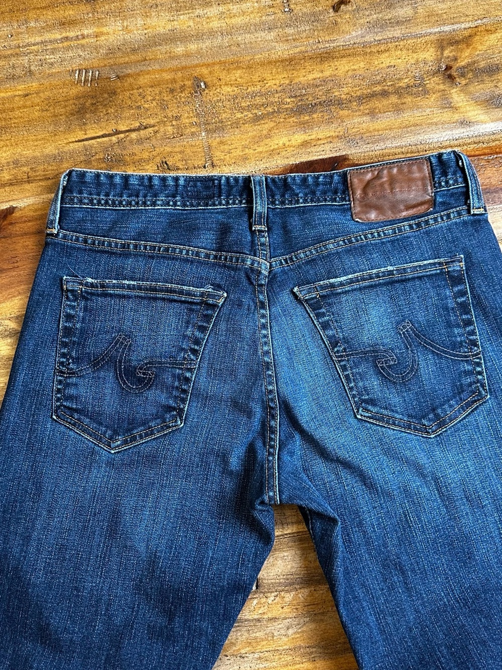 AG Adriano Goldschmied Slim Straight Jeans in Deep Blue with Brown Patch - Picture 4 of 7